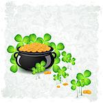 Grungy Patrick's Day Card. Cauldron with Gold Coins and Shamrock