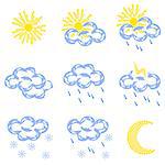 9 weather icon set with sun, cloud, rain and snow, vector illustration