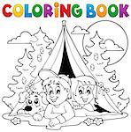 Coloring book kids camping in forest - eps10 vector illustration.