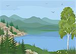 Landscape with Birch, Fir Trees, Flowers and Grass on the Shore of a Mountain Lake under a Blue Sky with Birds.