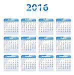 English blue glossy calendar for 2016. Sundays first.  Flat design vector illustration