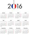 French Calendar grid for 2016 with flag like tag. Mondays first. Vector illustration