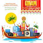 illustration of electronics sale and kathakali dancer with message Happy Onam