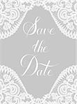 Save the Date card with lace border on gray background