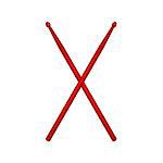 Crossed pair of red wooden drumsticks on white background