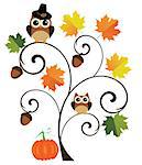 vector illustration of thanksgiving fall background with leaves, pumpkins, acorns and owl in a hat