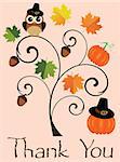 vector illustration of thank you card with a tree owl, pumpkins and leaves