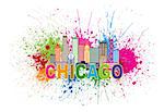 Chicago City Skyline Panorama Outline Silhouette Paint Splatter Abstract Colorful Text Isolated on White Background Illustration