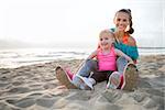A happy, fit young mother is sitting with her young daughter between her legs. Both are wearing workout gear and are sitting in the sand, enjoying some rest and relaxation after a nice run together.