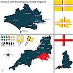 Vector map of Dorset in South West England, United Kingdom with regions and flags