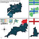 Vector map of Gloucestershire in South West England, United Kingdom with regions and flags
