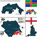 Vector map of Lincolnshire in Yorkshire and the Humber, United Kingdom with regions and flags