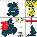 Vector map of Shropshire in West Midlands, United Kingdom with regions and flags