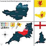 Vector map of Somerset in South West England, United Kingdom with regions and flags