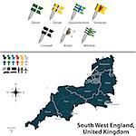 Vector map of South West England, United Kingdom with regions and flags