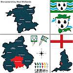 Vector map of Worcestershire in West Midlands, United Kingdom with regions and flags