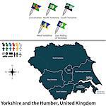Vector map of Yorkshire and the Humber, United Kingdom with regions and flags