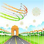 illustration of airplane making Indian tricolor flag around India Gate