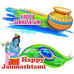 illustration of colorful banner with dahi handi and Krishna for Janmashtami background