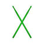 Crossed pair of green wooden drumsticks on white background