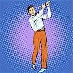 Handsome man playing Golf retro style pop art. Sport active lifestyle