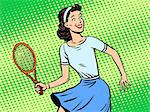 Young woman playing tennis retro style pop art. Sport active lifestyle