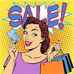 A woman purchases discounts credit card sale. Goods shops buyer girl retro style pop art