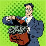 The super businessman to do with a suitcase of money. Business concept Finance income cash. Retro style pop art