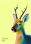 Colorful roe illustration.  Background with wild animal. Low poly roe with horns.