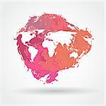 Vector watercolor brush stain icon with white world map