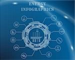 Energy Infographic Template From Technological Gear Sign, Lines and Icons. Elegant Design With Transparency on Blue Checkered Background With Light Lines and Flash on It. Vector Illustration.