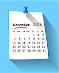 Flat design calendar for december 2016 on sticky note attached with blue pin. Sundays first. Vector illustration