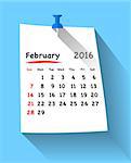 Flat design calendar for february 2016 on sticky note attached with blue pin. Sundays first. Vector illustration