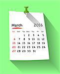 Flat design calendar for march 2016 on sticky note attached with green pin. Sundays first. Vector illustration