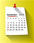 Flat design calendar for september 2016 on sticky note attached with red pin. Sundays first. Vector illustration