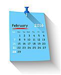 Flat design calendar for february 2016 on sticky note attached with blue pin. Sundays first. Vector illustration