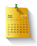 Flat design Calendar for july 2016 sticky note attached with green pin. Sundays first. Vector illustration