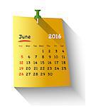 Flat design Calendar for june 2016 on orange sticky note attached with red pin. Sundays first. Vector illustration