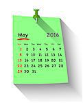 Flat design calendar for may 2016 on sticky note attached with green pin. Sundays first. Vector illustration
