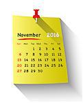 Flat design calendar for november 2016 on sticky note attached with red pin. Sundays first. Vector illustration