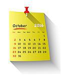 Flat design calendar for october 2016 on sticky note attached with red pin. Sundays first. Vector illustration