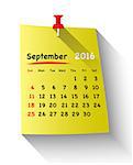 Flat design calendar for september 2016 on sticky note attached with red pin. Sundays first. Vector illustration