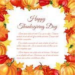 Thanksgiving Day Greeting Card With Text Space. Design Consist From Pumpkin, Pepper, Tomato, Maple Leaves Over White Background.  Very Cute and Warm Colors. Vector illustration.