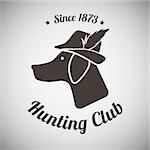 Hunting Vintage Emblem. Silhouette of Setter Head With Hunter Hat and Feather. Suitable for Advertising, Hunt Equipment, Club And Other Use. Dark Brown Retro Style.  Vector Illustration.