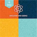 Thin Line Education Science School Patterns Set. Four Vector Knowledge and Wisdom Design and Seamless Background in Trendy Modern Line Style.