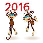 Two funny Monkeys hang on the digits of 2016 inscription, cartoon vector artwork on the white background