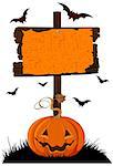 Illustration of Halloween wooden sign and pumpkin