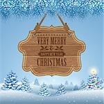 Christmas background with Wooden Sign and Fir Tree. Vector Template for Cover, Flyer, Brochure, Greeting Card.