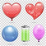 Set 3D realistic transparent objects on a plaid background, such as the heart, balloon, ball and battery. Vector illustration.
