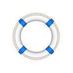 Life buoy in white and blue design with rope around on white background